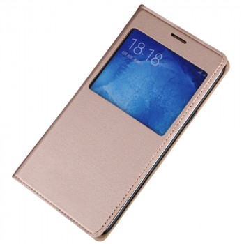 Чехол горизонтальная книжка на пластиковой встраиваемой основе с окном вызова для Samsung Galaxy J5 Бежевый