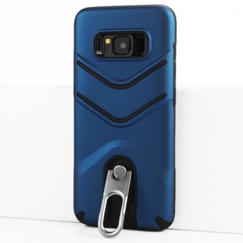 Двухкомпонентный силиконовый матовый непрозрачный чехол с поликарбонатной крышкой, встроенной ножкой-подставкой и текстурным покрытием Линии для Samsung Galaxy S8 Синий