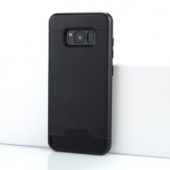 Двухкомпонентный силиконовый матовый непрозрачный чехол с поликарбонатной крышкой, встроенной ножкой-подставкой, отсеком для карт и текстурным покрытием Металлик для Samsung Galaxy S8 Черный