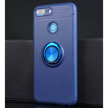 Силиконовый матовый непрозрачный чехол с встроенным кольцом-подставкой для Huawei Honor 9 Lite Синий