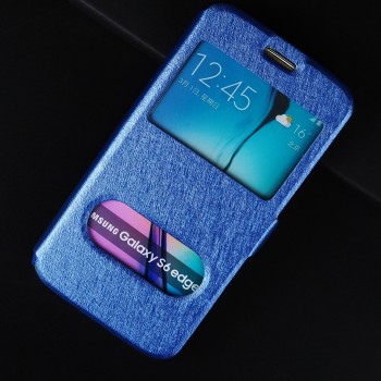 Чехол флип подставка текстура Золото на пластиковой основе с окном вызова и полоcой свайпа для Samsung Galaxy S6 Edge Синий