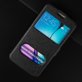 Чехол флип подставка текстура Золото на пластиковой основе с окном вызова и полоcой свайпа для Samsung Galaxy S6 Edge Черный