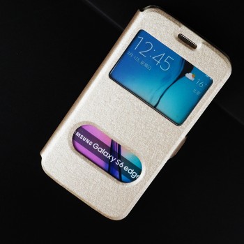 Чехол флип подставка текстура Золото на пластиковой основе с окном вызова и полоcой свайпа для Samsung Galaxy S6 Edge
