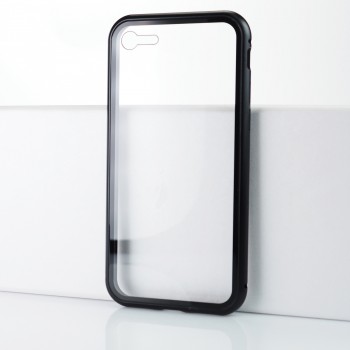 Двухкомпонентный металлический магнитный чехол для  Iphone 8/SE (2020)/7 с прозрачной стеклянной задней накладкой Черный