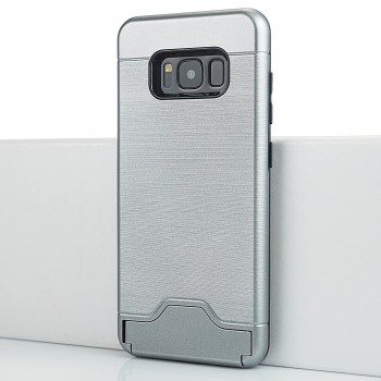 Двухкомпонентный силиконовый матовый непрозрачный чехол с поликарбонатной крышкой, встроенной ножкой-подставкой, отсеком для карт и текстурным покрытием Металлик для Samsung Galaxy S8 Серый