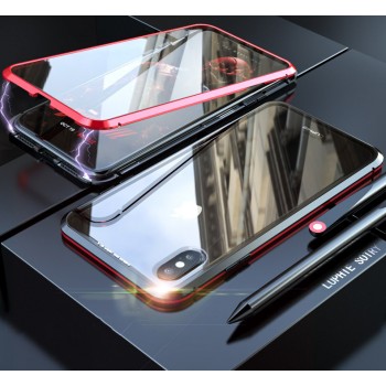 Двухкомпонентный металлический прямоугольный бампер на магнитах с транспарентной поликарбонатной накладкой для Iphone 7/8 Красный