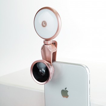 Набор из 2-х объективов (макро, широкоугольный) с LED-вспышкой на клипсе-держателе для камеры Розовый