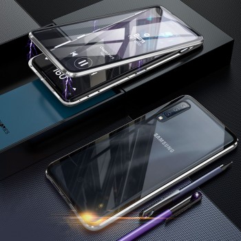 Двухкомпонентный металлический магнитный чехол для  Samsung Galaxy A30s/A50 с защитным стеклом и прозрачной задней накладкой Серый
