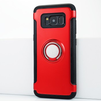 Двухкомпонентный силиконовый матовый непрозрачный чехол с поликарбонатными бампером и крышкой, встроенной ножкой-подставкой и текстурным покрытием Карбон для Samsung Galaxy S8 Красный