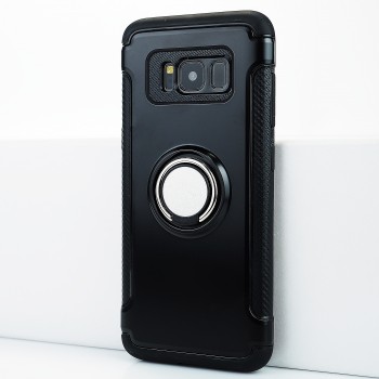 Двухкомпонентный силиконовый матовый непрозрачный чехол с поликарбонатными бампером и крышкой, встроенной ножкой-подставкой и текстурным покрытием Карбон для Samsung Galaxy S8 Черный