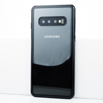 Двухкомпонентный металлический магнитный чехол для  Samsung Galaxy S10 с прозрачной стеклянной задней накладкой Черный