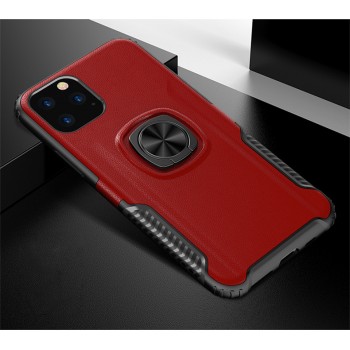 Противоударный двухкомпонентный силиконовый матовый непрозрачный чехол с поликарбонатными вставками экстрим защиты с встроенным кольцом-подставкой и текстурным покрытием Кожа для Iphone 11 Красный