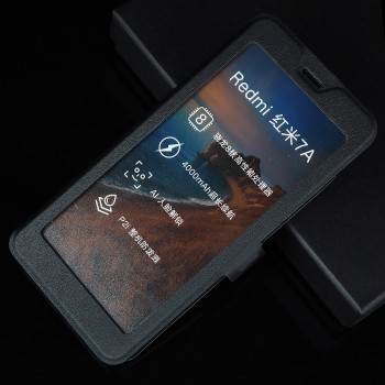 Чехол горизонтальная книжка подставка на пластиковой основе с полноэкранным окном вызова на магнитной защелке для Xiaomi RedMi 7A Черный