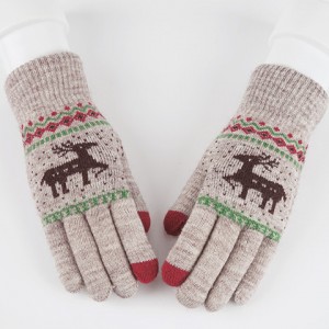 Утепленные шерстяные-акриловые сенсорные перчатки с вышивкой дизайн Олень Бежевый