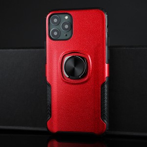 Противоударный двухкомпонентный силиконовый матовый непрозрачный чехол с поликарбонатными вставками экстрим защиты с встроенным кольцом-подставкой и текстурным покрытием Кожа для Iphone 11 Pro Красный