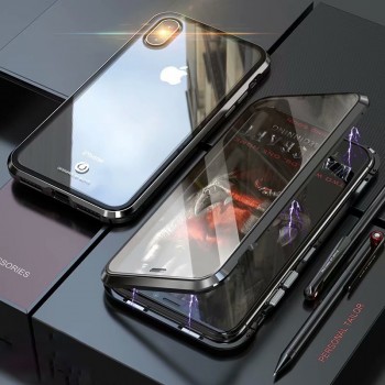 Металлический прямоугольный бампер на магнитах с транспарентными поликарбонатными накладкой и крышкой для Iphone x10/Xs Черный