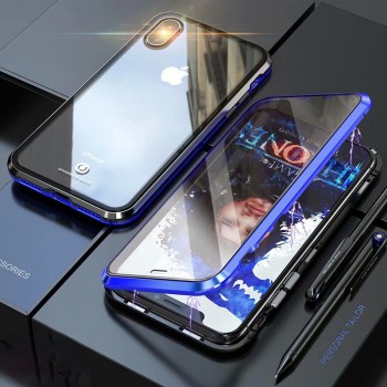 Металлический прямоугольный бампер на магнитах с транспарентными поликарбонатными накладкой и крышкой для Iphone x10/Xs Синий