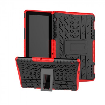 Противоударный двухкомпонентный силиконовый матовый непрозрачный чехол с нескользящими гранями и поликарбонатными вставками для экстрим защиты с встроенной ножкой-подставкой для Huawei MediaPad T5  Красный