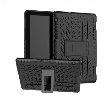 Противоударный двухкомпонентный силиконовый матовый непрозрачный чехол с нескользящими гранями и поликарбонатными вставками для экстрим защиты с встроенной ножкой-подставкой для Huawei MediaPad T5  Черный
