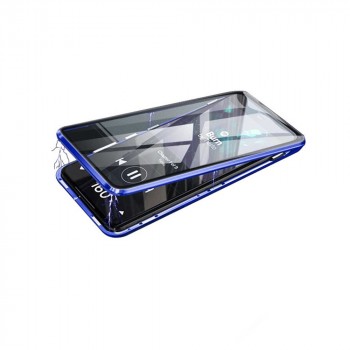 Двухкомпонентный металлический магнитный чехол для  Xiaomi RedMi Note 9 с защитным стеклом и прозрачной задней накладкой Синий