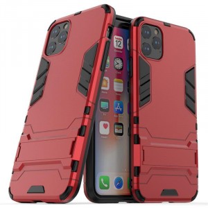 Сверхпрочный противоударный чехол для Iphone 12 Mini с текстурой металлик и ножкой подставкой Красный
