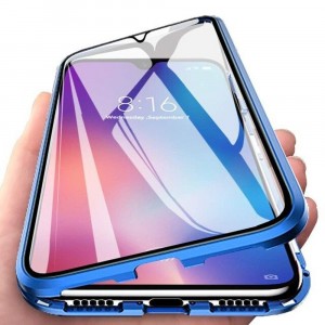Двухкомпонентный металлический магнитный чехол для  Iphone 12 Pro/ с защитным стеклом и прозрачной задней накладкой Синий