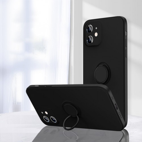 Силиконовый матовый непрозрачный чехол с нескользящим софт-тач покрытием и встроенным кольцом-подставкой для Iphone 12 Mini, цвет Черный