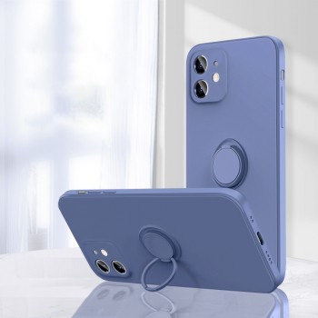 Силиконовый матовый непрозрачный чехол с нескользящим софт-тач покрытием и встроенным кольцом-подставкой для Iphone 12 Синий