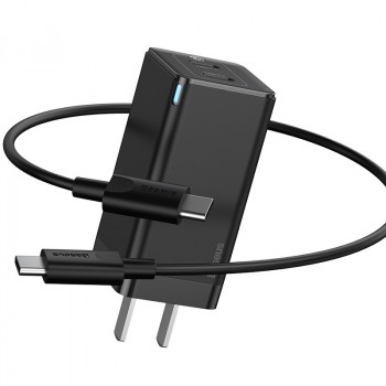 Универсальное сетевое зарядное устройство GaN 45Вт с поддержкой быстрых зарядок QC3.0 и PD с разъемом Type-C (30Вт) и разъемом USB (18Вт) Черный