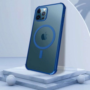 Силиконовый глянцевый непрозрачный чехол с поликарбонатной глянцевой накладкой с функцией MagSafe и усиленными углами для Iphone 12/12 Pro Синий
