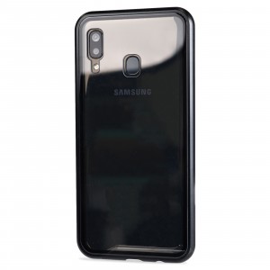 Двухкомпонентный металлический магнитный чехол для  Samsung Galaxy A20 с прозрачной стеклянной задней накладкой Черный