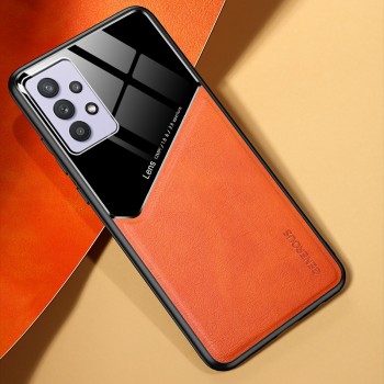 Силиконовый матовый непрозрачный чехол с текстурным покрытием Кожа и поликарбонатной накладкой для Samsung Galaxy A32  Оранжевый