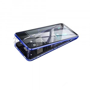 Двухкомпонентный металлический магнитный чехол для  OnePlus 9 с защитным стеклом и прозрачной задней накладкой Синий